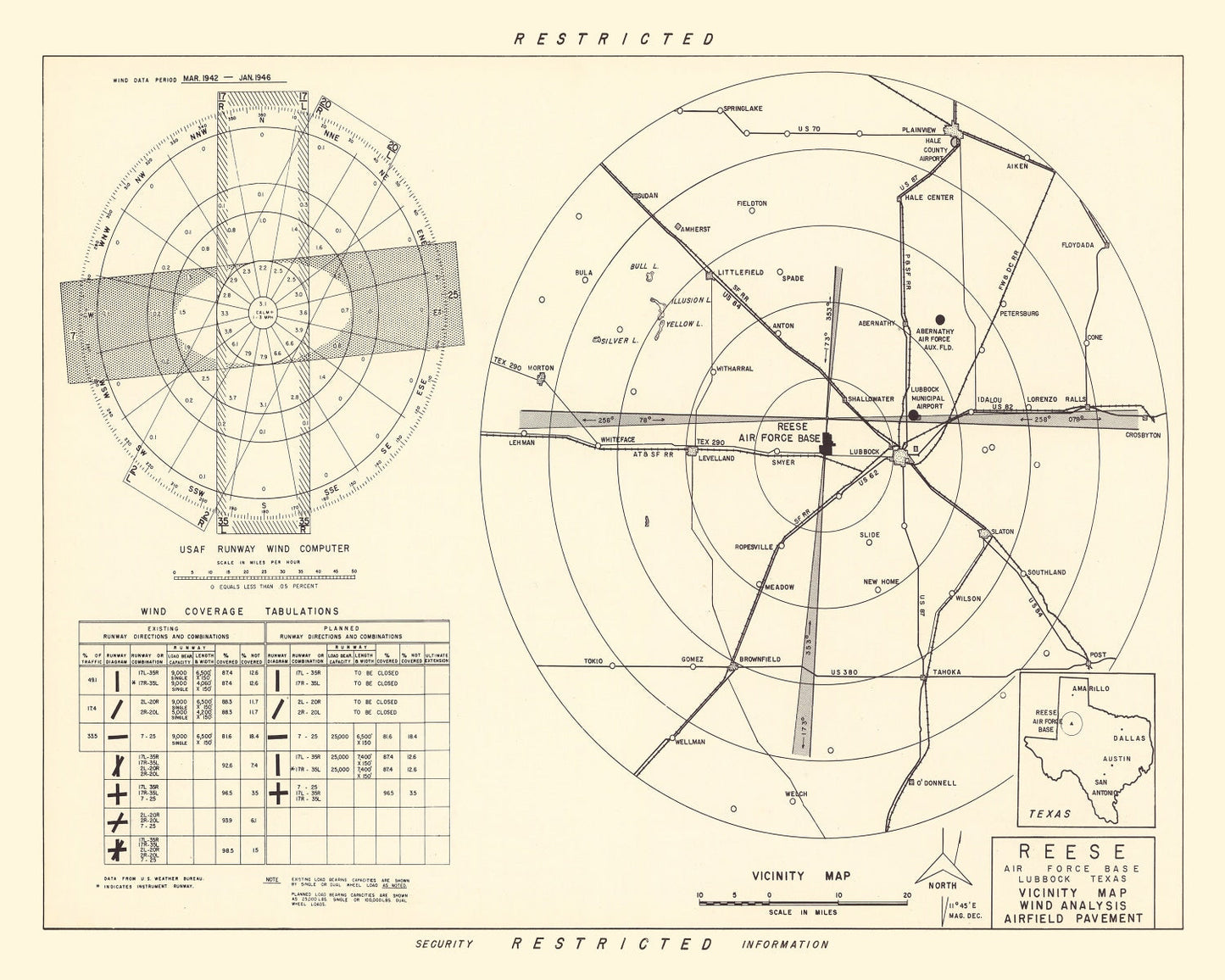 Vintage Map of Reese Air Force Base, Texas, 1952