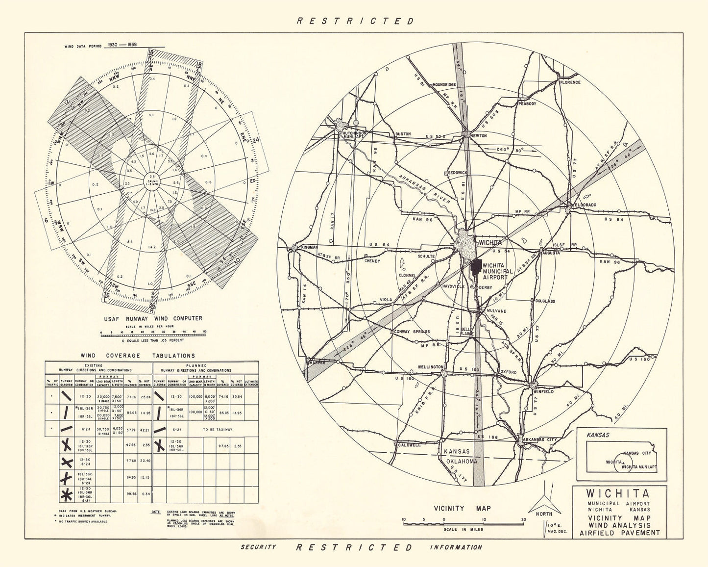 Vintage Map of Wichita Municipal Airport Vicinity, 1952