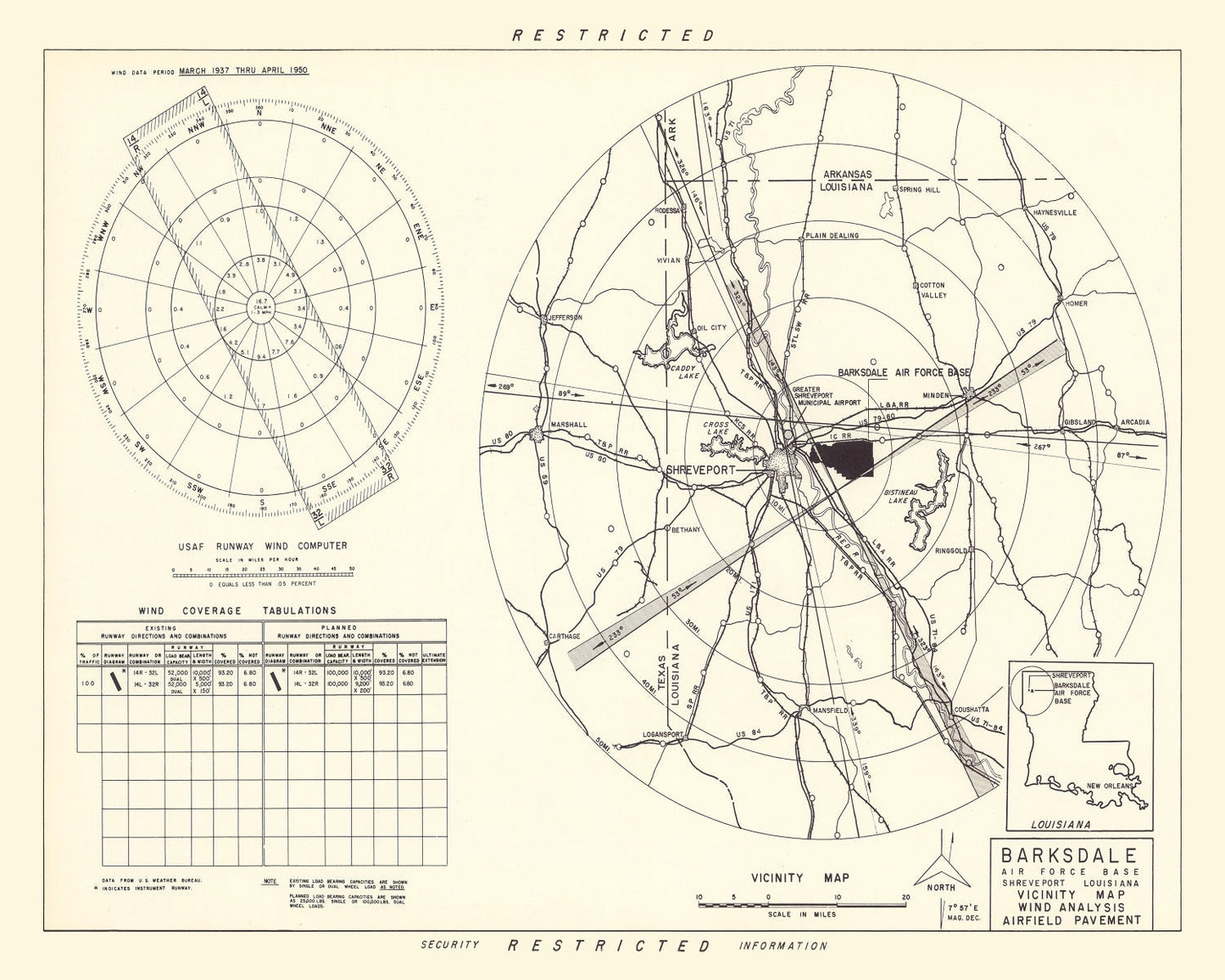 Vintage Map of Barksdale Air Force Base Vicinity, Louisiana, 1952