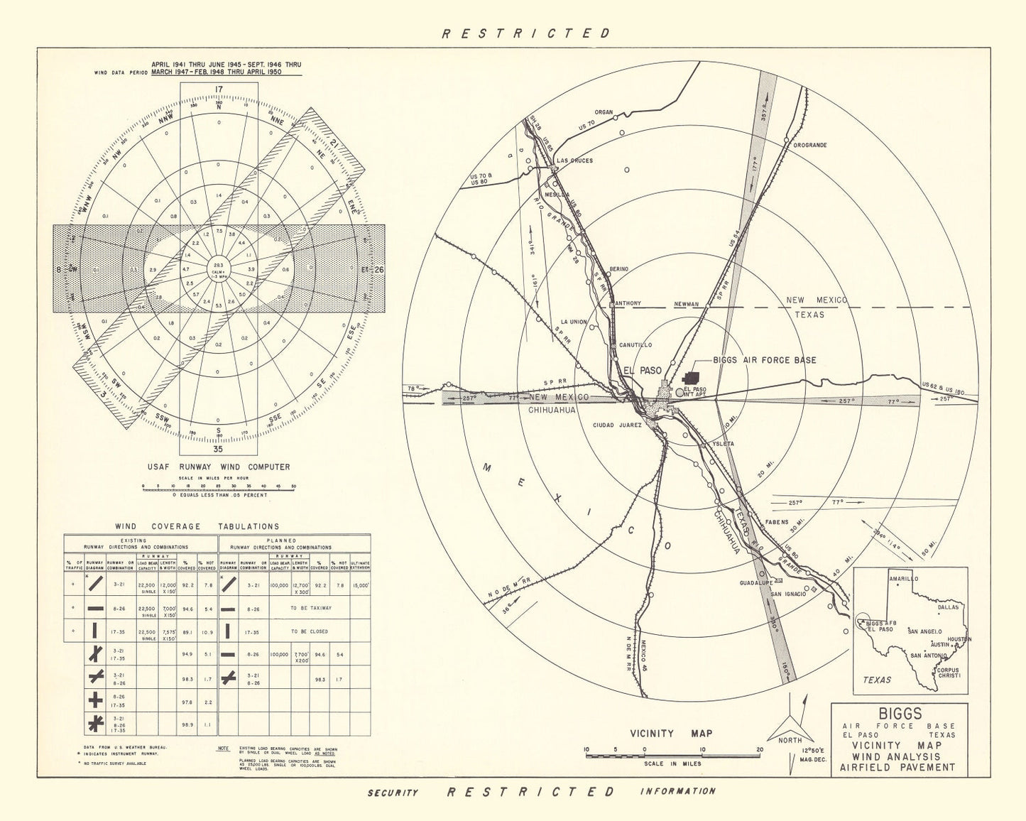 Vintage Map of Biggs Air Force Base Vicinity, Texas, 1951