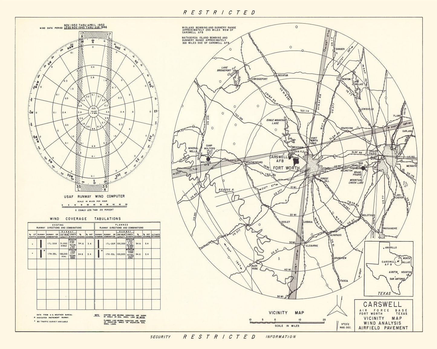 Vintage Map of Carswell Air Force Base Vicinity, Texas 1952