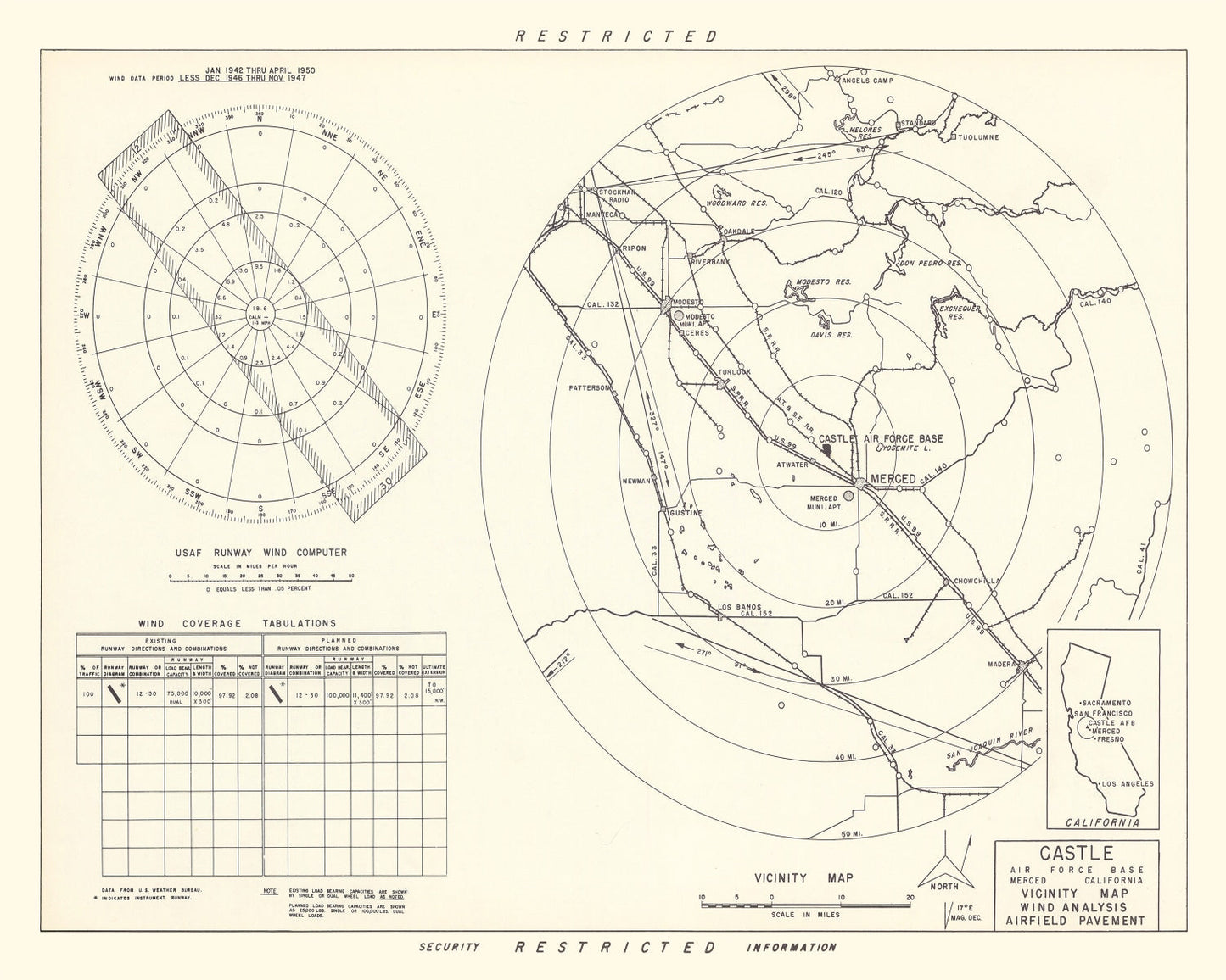 Vintage Map of Castle Air Force Base Vicinity, California 1952