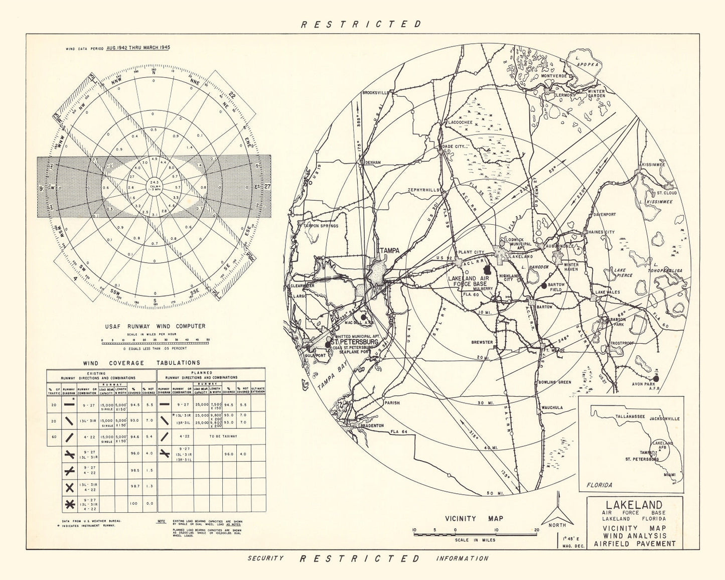 Vintage Map of Lakeland Air Force Base Vicinity, Florida, 1952