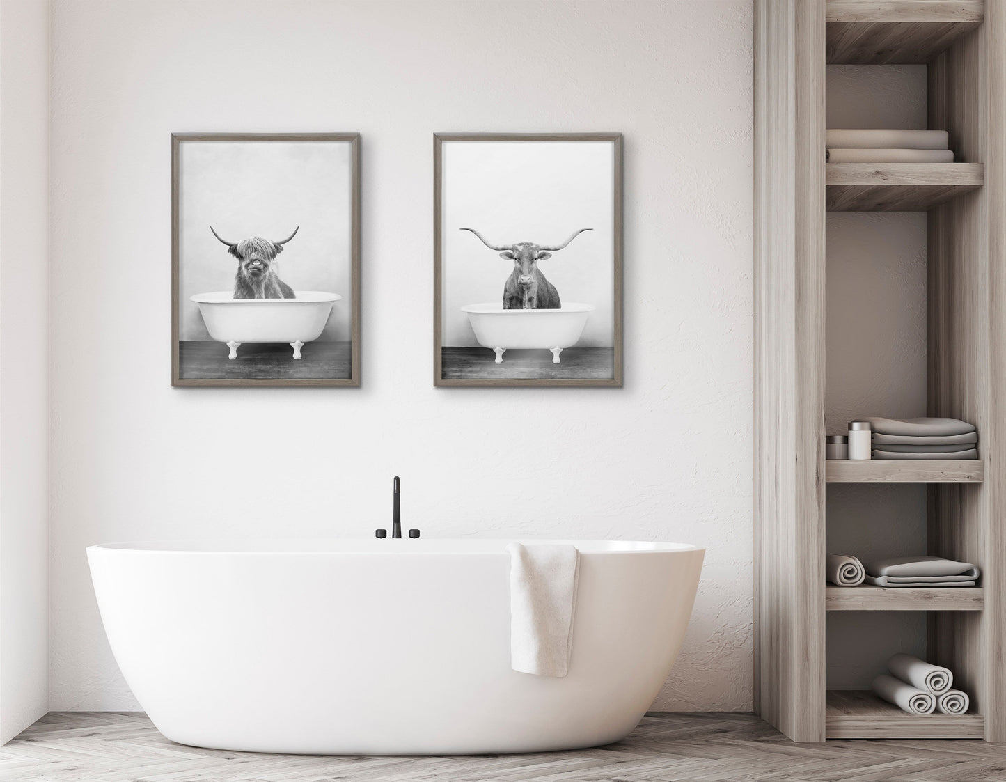 Highland Cow in the Tub Black and White Framed Glass Wall Art