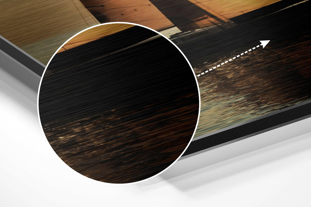 Magnified detail of the brushed metal grain showing through the sailboat at sunset print