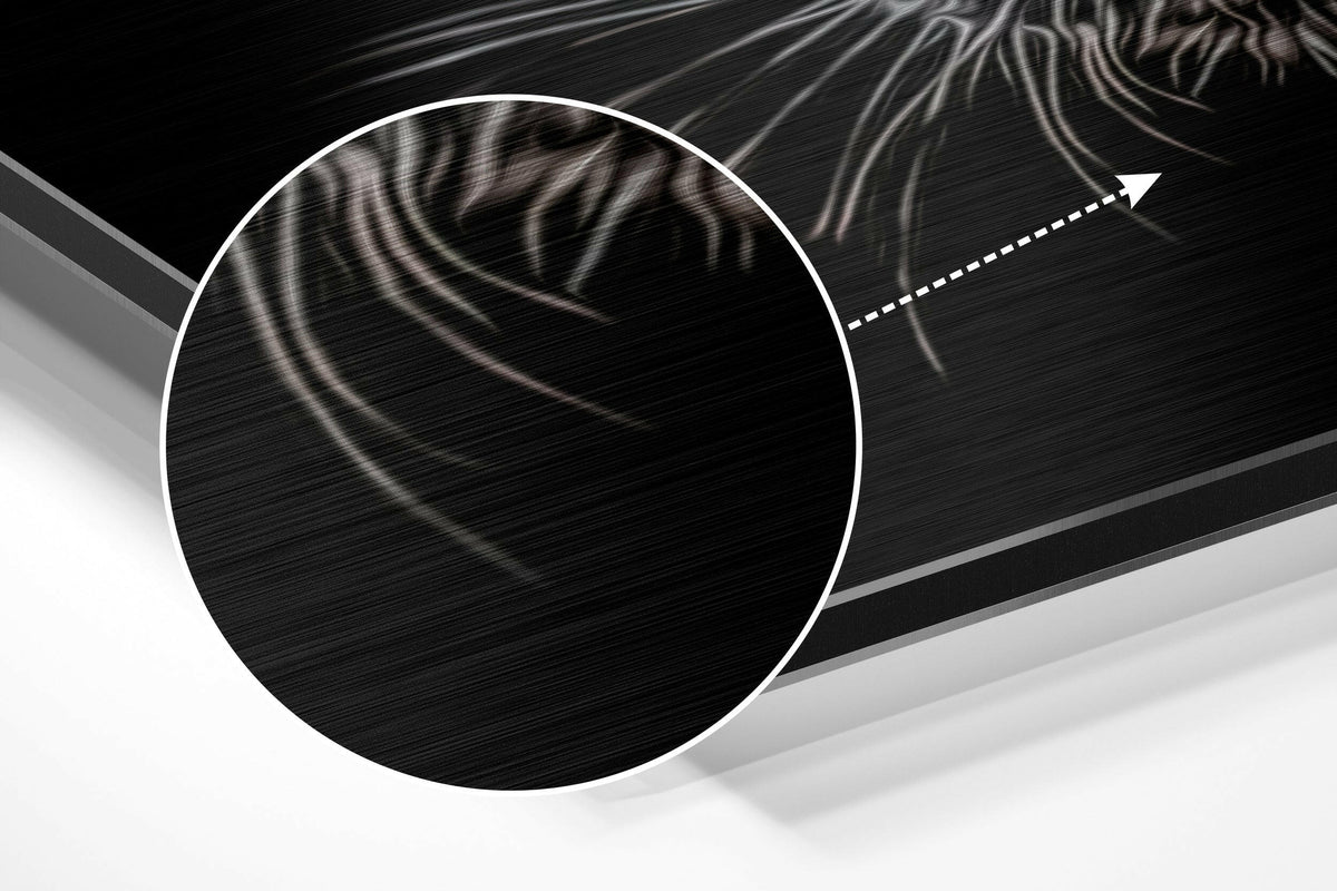 Magnified detail of the brushed metal grain showing through the orange eyed black panther face print