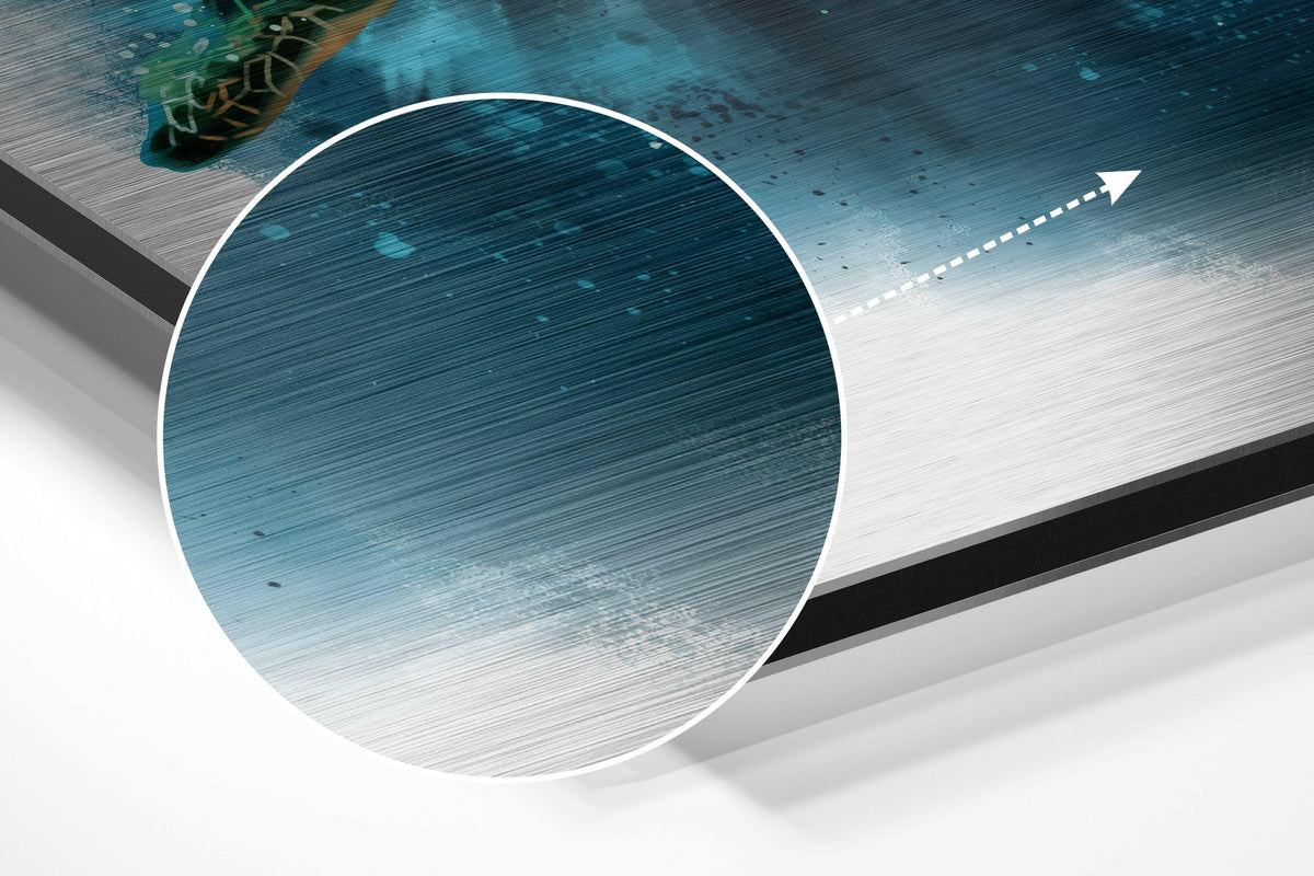 Magnified detail of the brushed metal grain showing through the watercolor sea turtle print