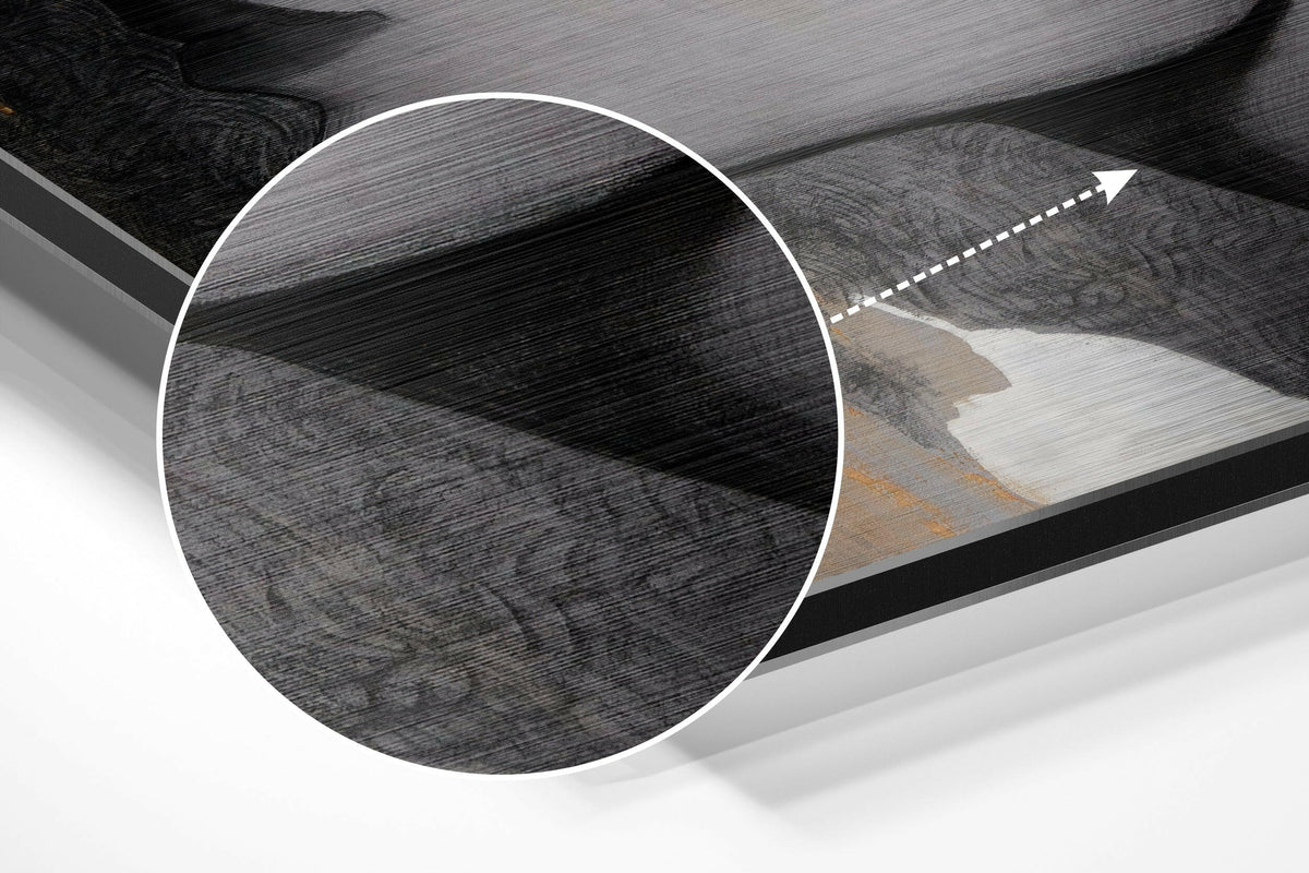 Magnified detail of the brushed metal grain showing through the woman profile with white flower print
