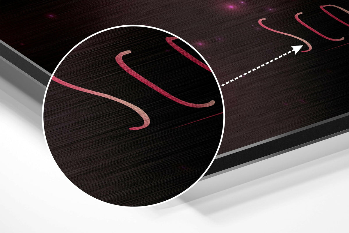 Magnified detail of the brushed metal grain showing through the Scorpio zodiac sign in coral red brushstrokes print