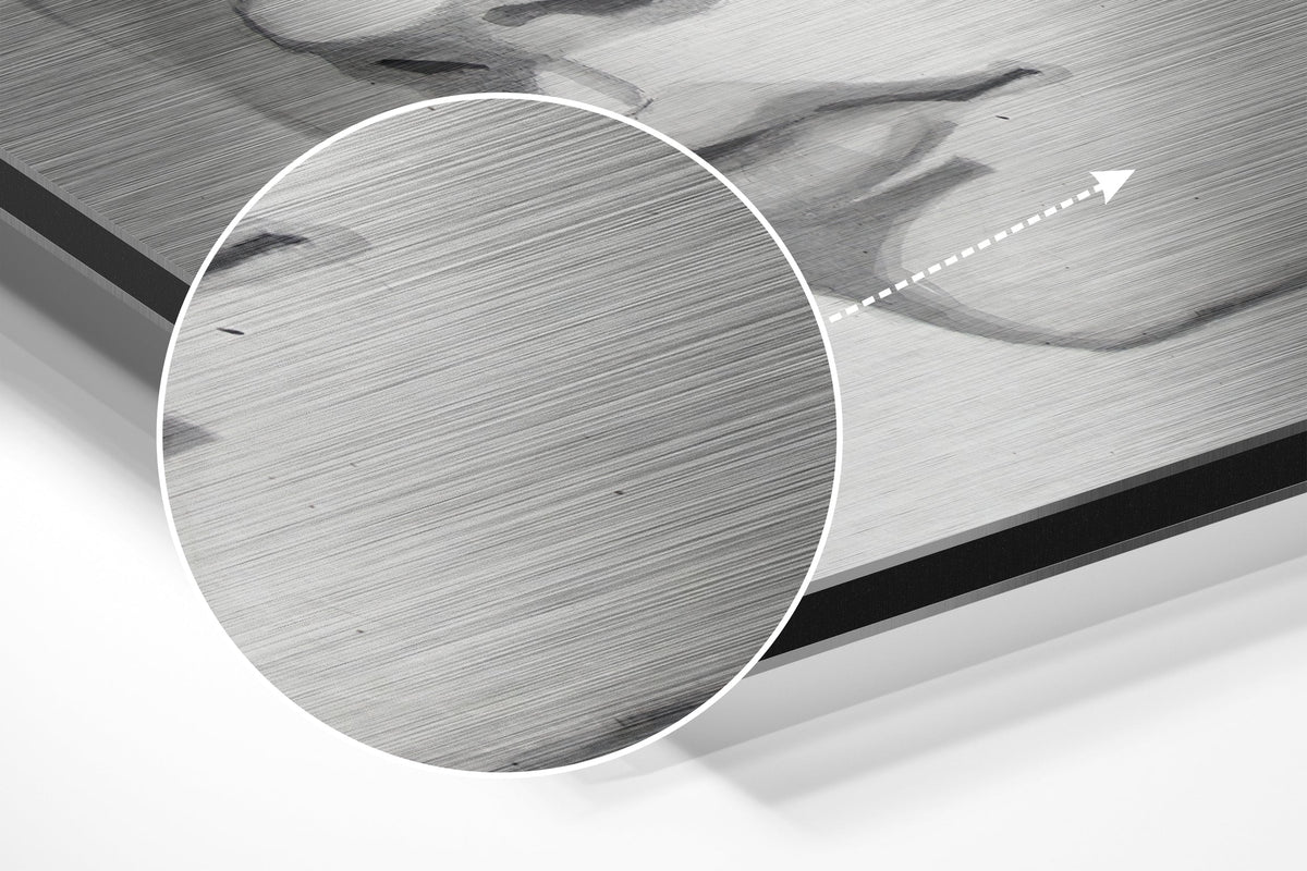 Magnified detail of the brushed metal grain showing through the lime blot eye woman sketch print