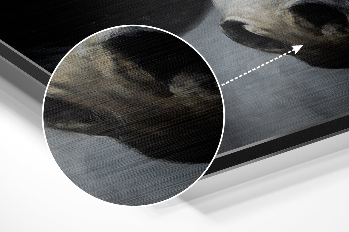 Magnified detail of the brushed metal grain showing through the white horse portrait print