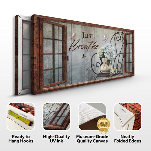 Just Breathe sign canvas front and side, with text: Ready to Hang Hooks, High-Quality UV Ink, Museum-Grade Quality Canvas, Neatly Folded Edges