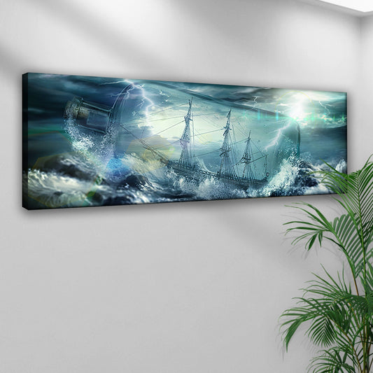 Ship in a bottle on stormy seas canvas at an angle on a white wall beside a palm