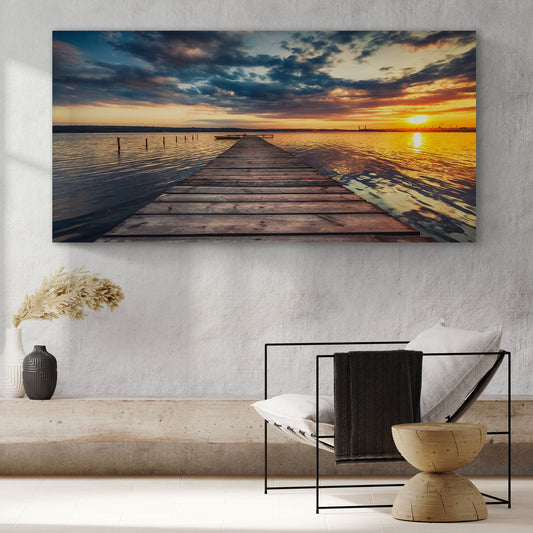 Wooden Dock at Sunset canvas shown in a styled room setting, view 2