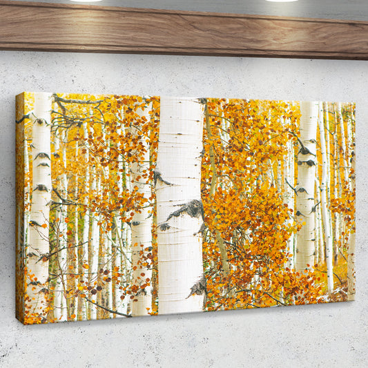 White birch trunks golden leaves canvas seen at an angle on a gray wall below a wood beam