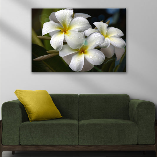 White Frangipani Flowers canvas shown in a styled room setting, view 2