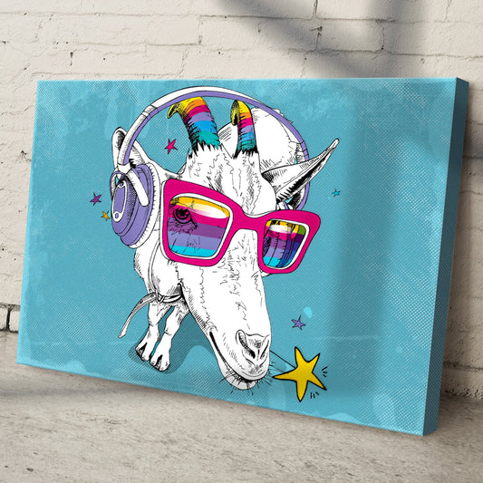 Goat in Pink Sunglasses canvas shown at an angle to reveal the wrapped edge, view 2