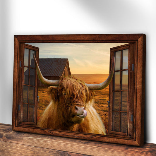 Angled view of the highland cow at an open window canvas on a white wall