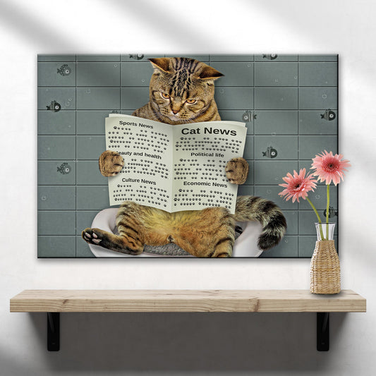 Tabby Cat Reading on the Toilet canvas shown in a styled room setting, view 2