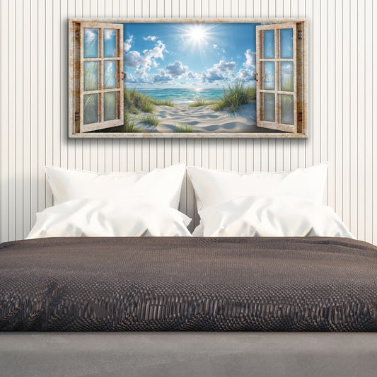 Beach Path Through an Open Window canvas shown in a styled room setting, view 2