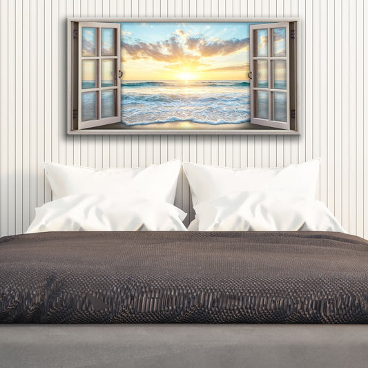 Sunrise Beach Through an Open Window Coastal canvas shown in a styled room setting, view 2