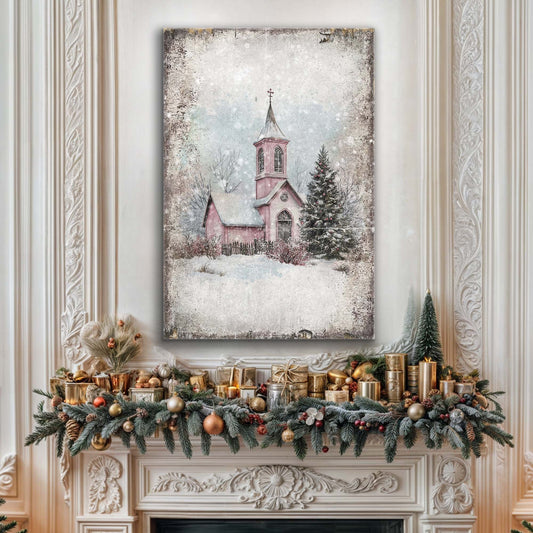 Pink Church in Snow Vintage Christmas canvas shown in a styled room setting, view 2