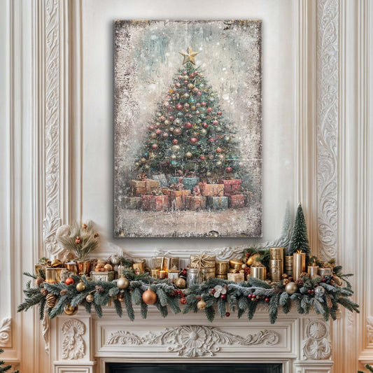Christmas Tree with Gifts Vintage canvas shown in a styled room setting, view 2