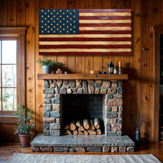 Navy and Pine American Flag canvas shown in a styled room setting, view 2