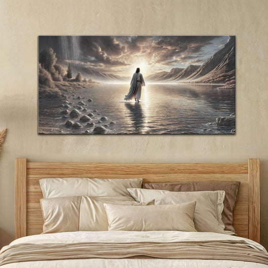 Jesus Walking on Water Footprints Sunrise canvas shown in a styled room setting, view 2