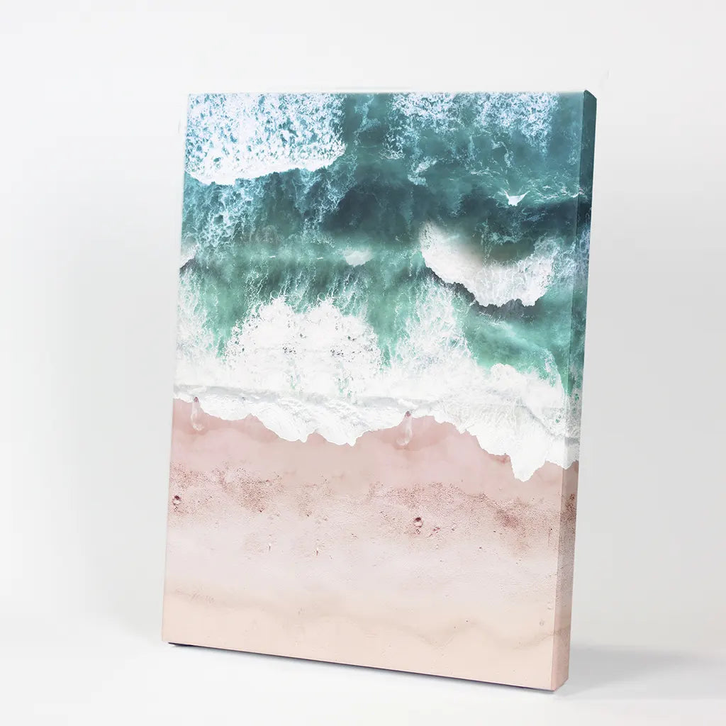 Aerial Coastal Ocean Print - Pink Beach and Blue Waves