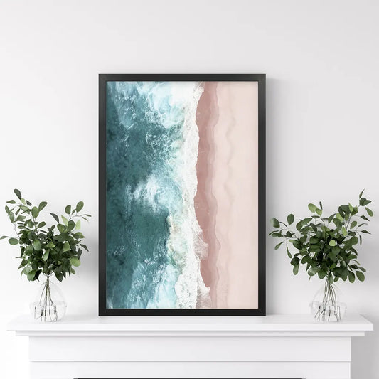 Ocean Aerial Wall Art Print, Pink Beach Blue Waves