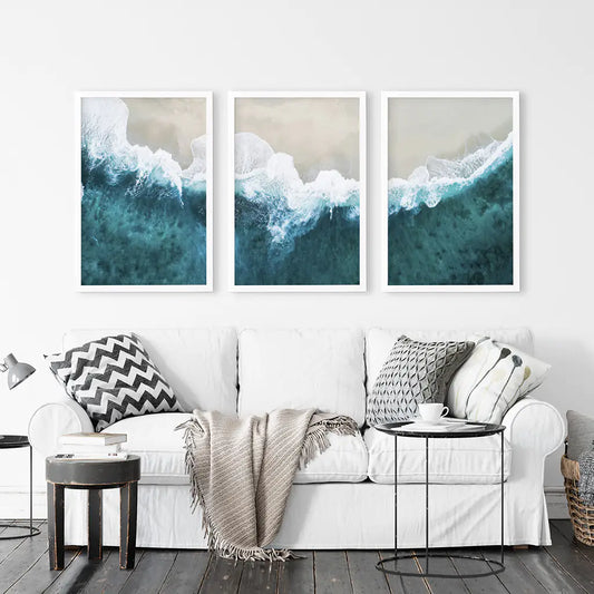 Turquoise Wave Beach Wall Art Set of 3. Aerial Coastal