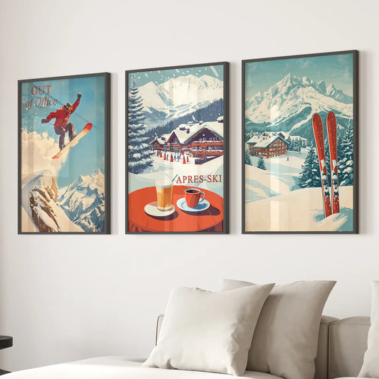 Ski Lodge Wall Art Set of 3 Retro Snowboard Apres Ski
