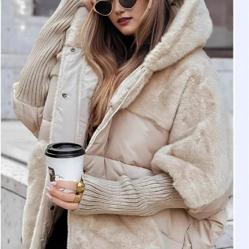 Apricot faux fur cotton coat for women shown in a soft, warm winter outfit