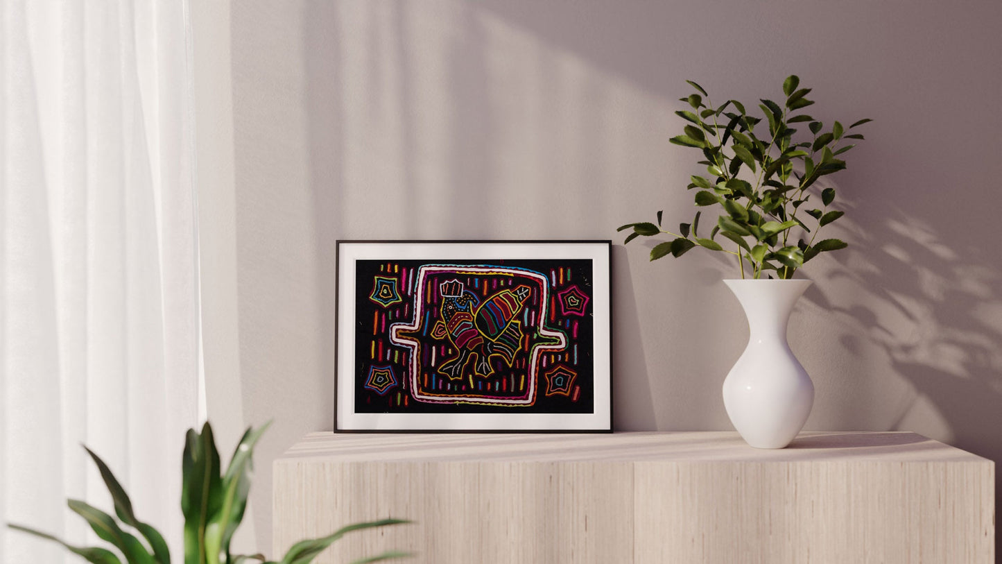 Black Rainbow Rooster Mola Tapestry Folk Art Wall Hanging