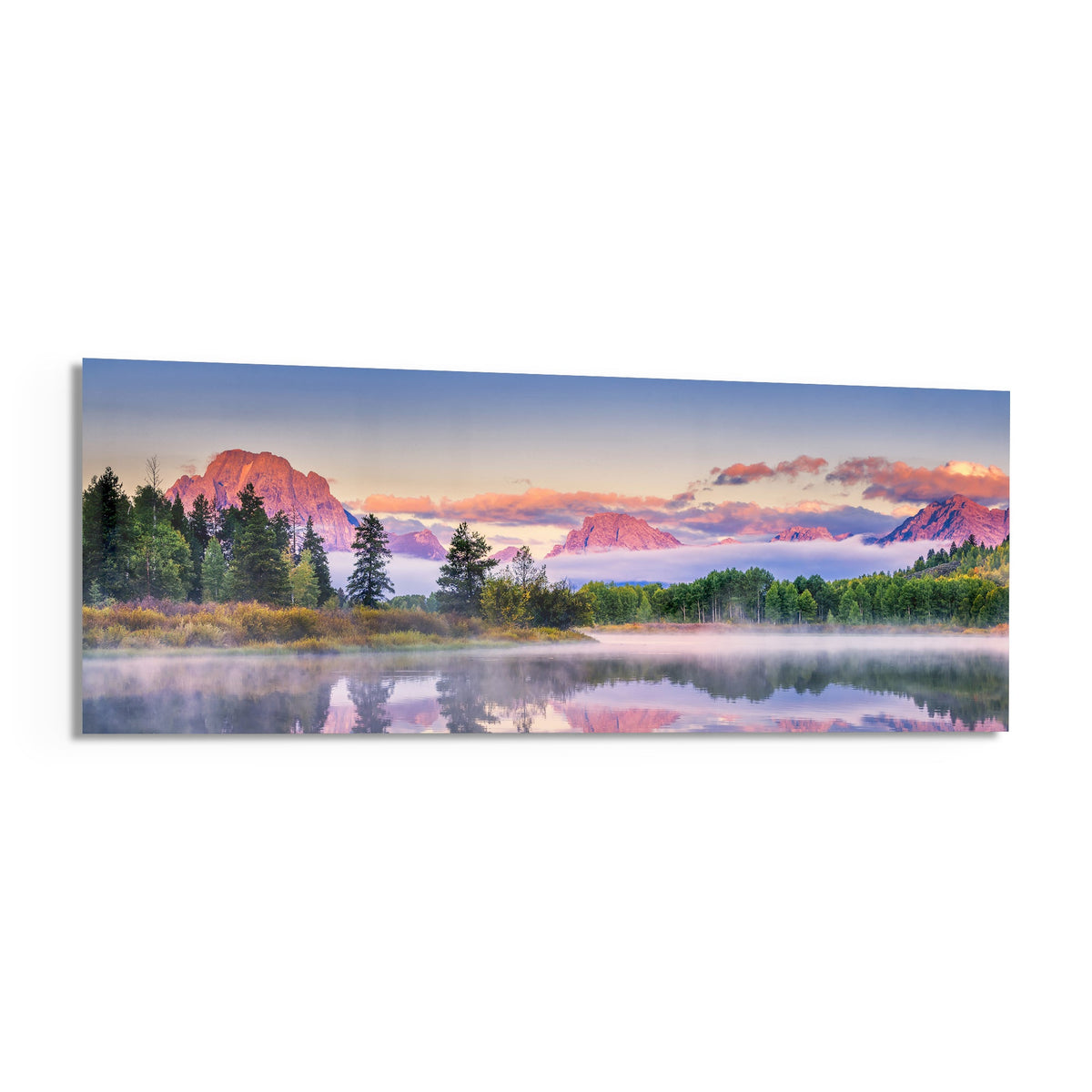 Pink dawn mountain lake panoramic glass wall art angled on a white background