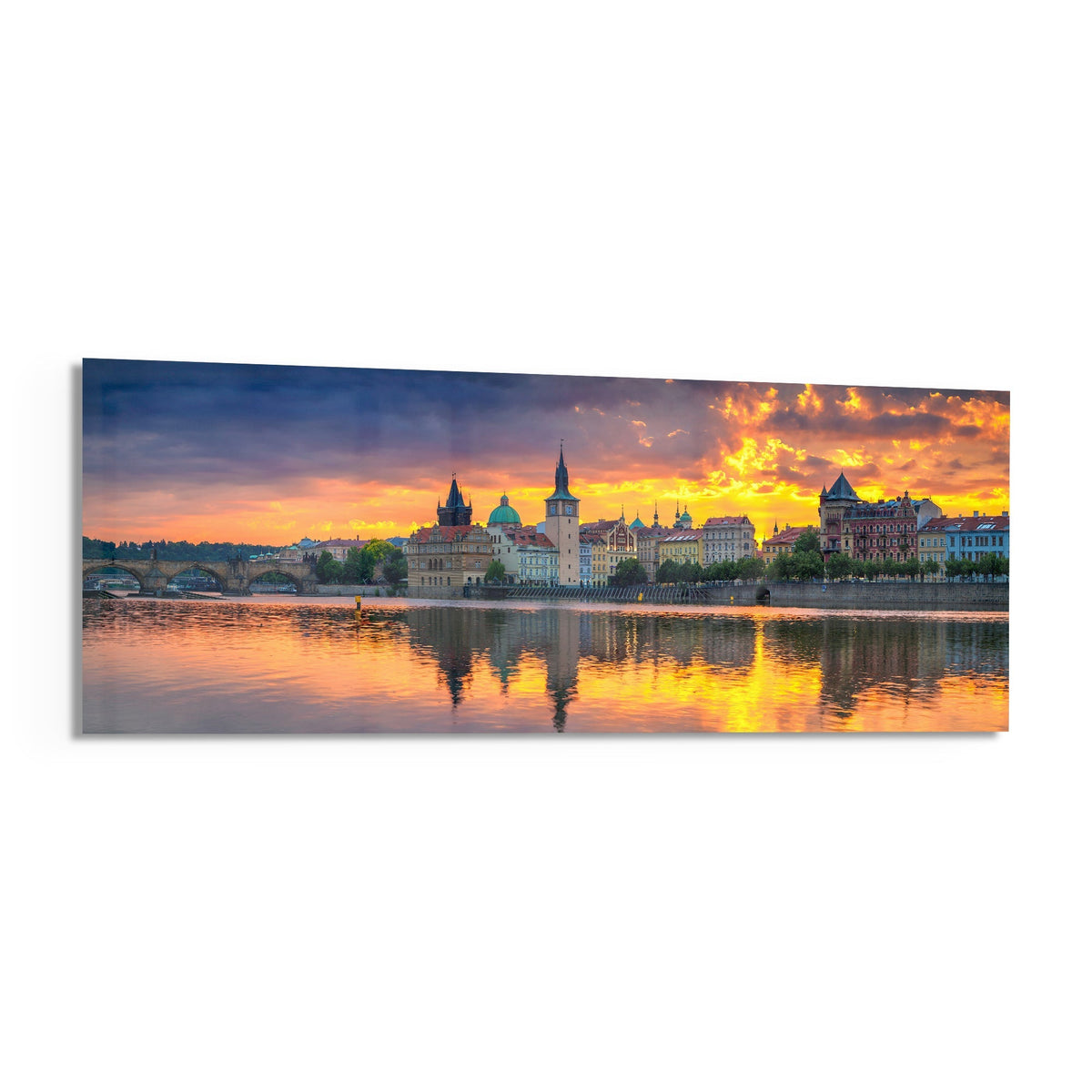 Prague riverside sunset panoramic glass wall art shown at an angle on a white background