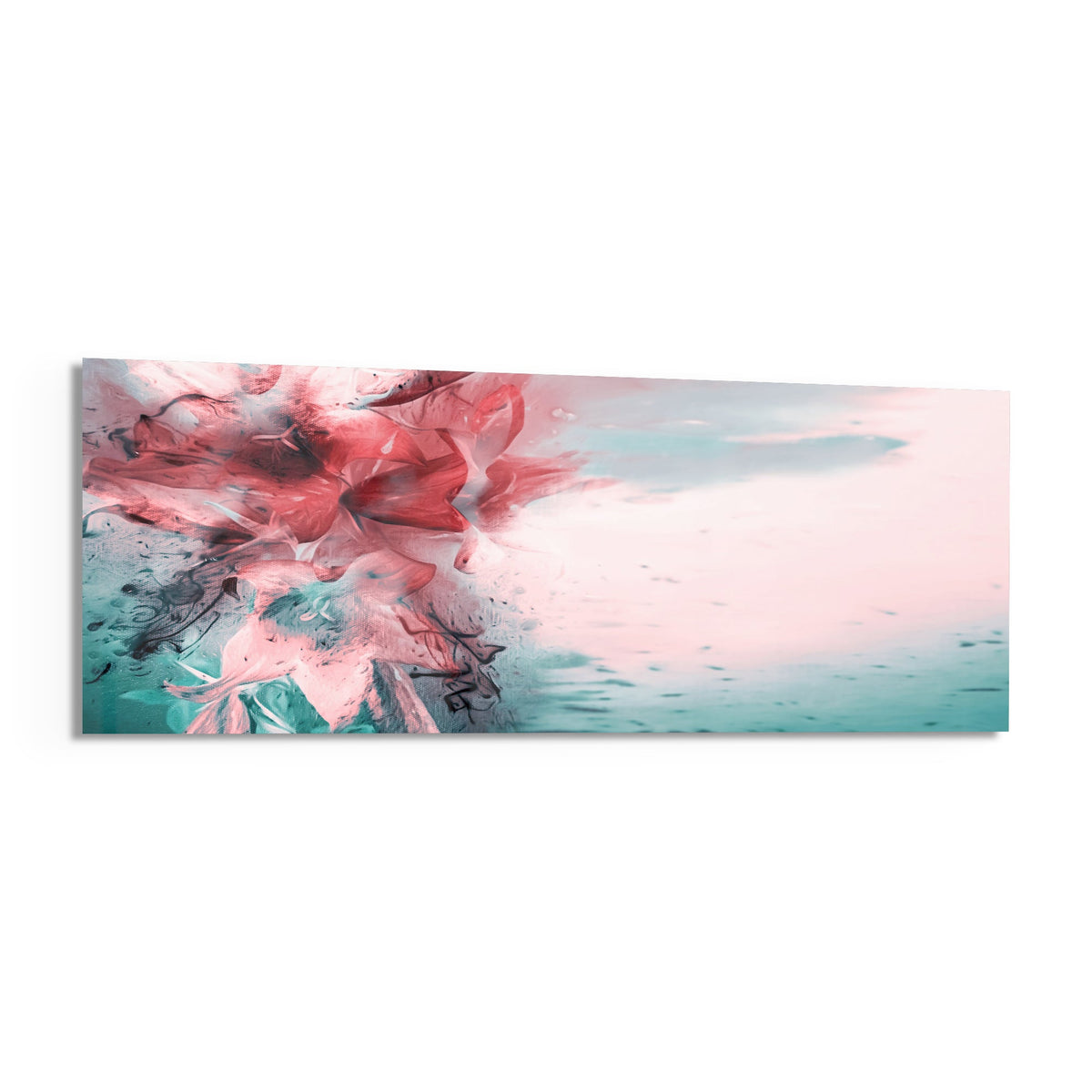 Coral and teal ink burst abstract panoramic glass print angled on a white background