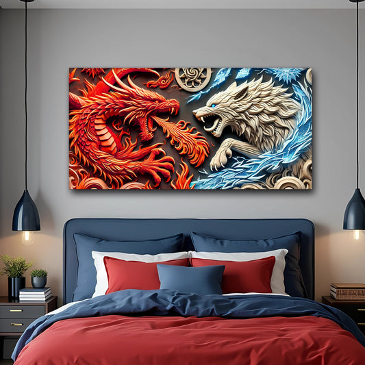 3D Dragon and Wolf Canvas Wall Art V