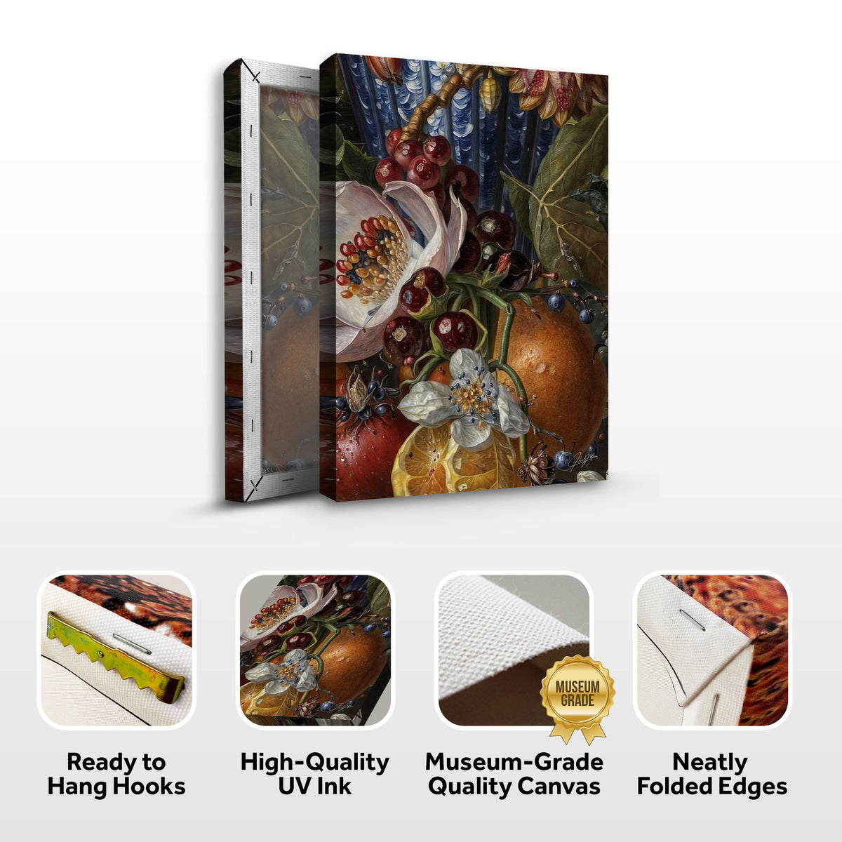 Cherries and lily still life canvas front and side, with text: Ready to Hang Hooks, High-Quality UV Ink, Museum-Grade Quality Canvas, Neatly Folded Edges