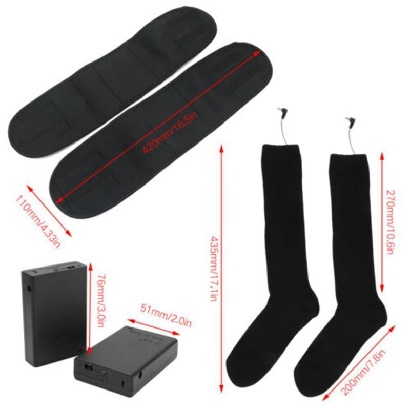 Battery heated socks dimensions showing sock length battery case size heating pad placement