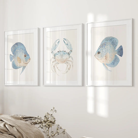 Coastal Ocean Life Wall Art Set of 3 - Fish and Blue Crab