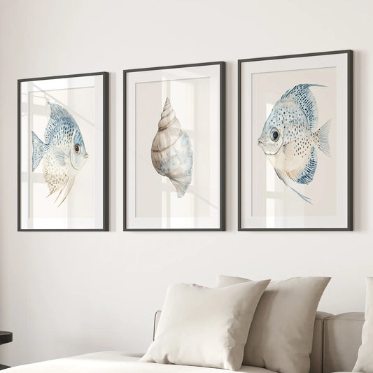 Trendy Nautical Seashell and Fish Wall Art Set of 3