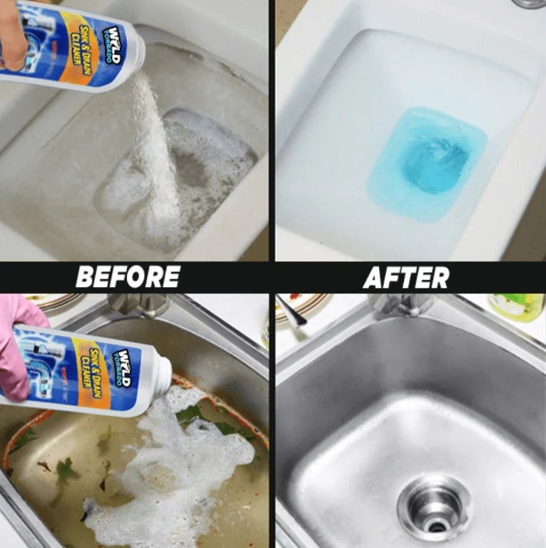 Before and after comparison showing drain cleaner removing toilet and sink clogs effectively