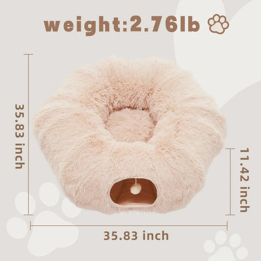 Beige cat donut tunnel bed with size measurements shown for indoor pets