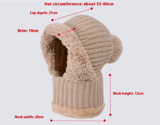 Beige knitted hat scarf mask size chart with measurements labeled
