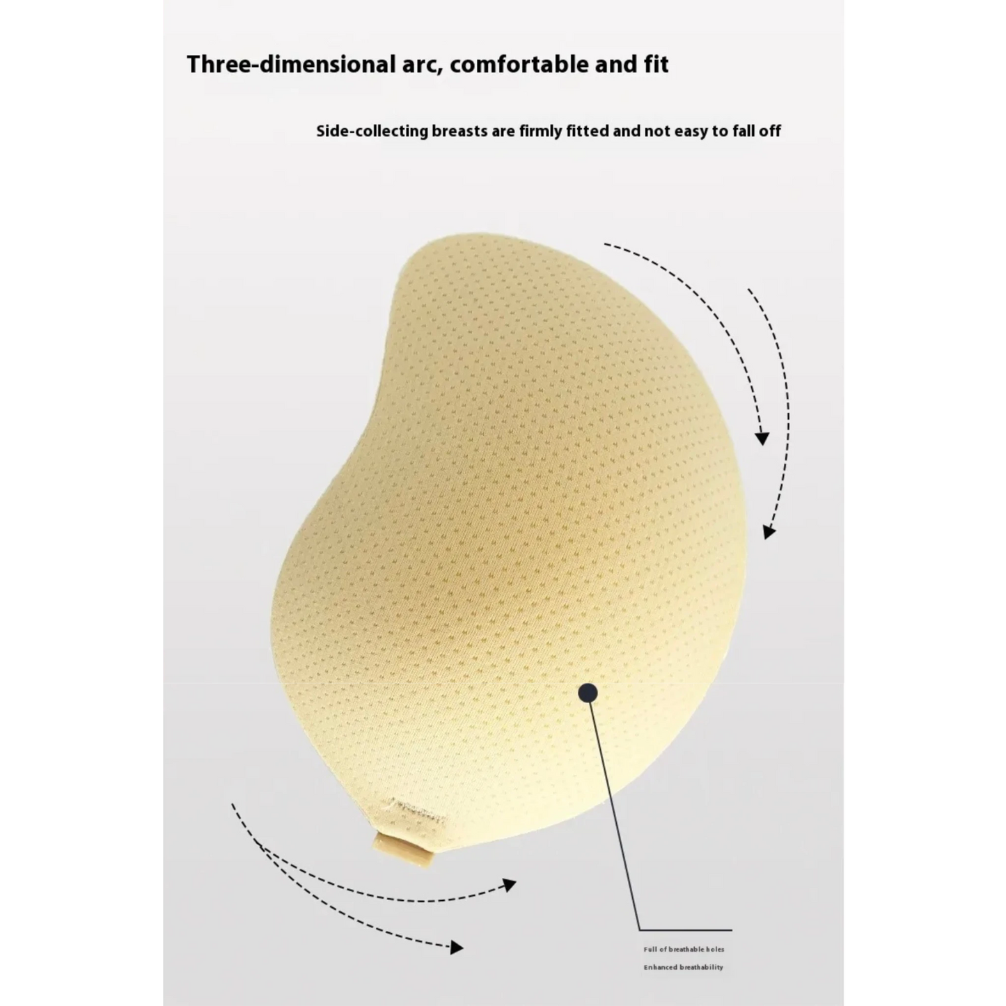 Beige three-dimensional strapless support bra adhesive with text on a light gray background