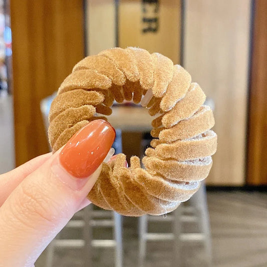 Beige velvet expandable ponytail holder flexible hair styling tool