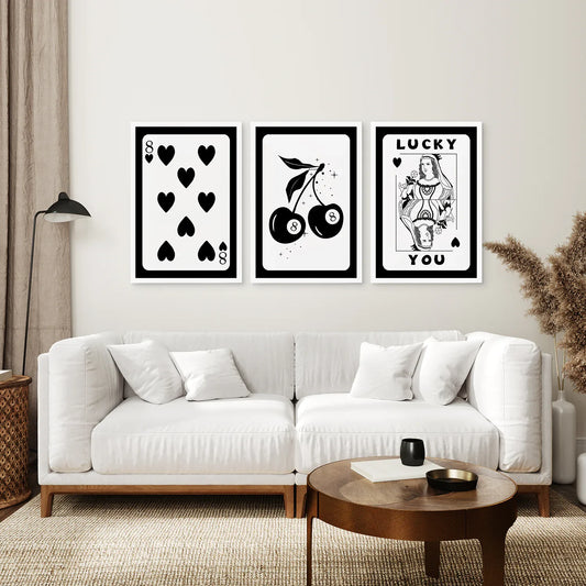 Black and White 8 Ball Cherry Wall Art Set of 3, Retro Prints