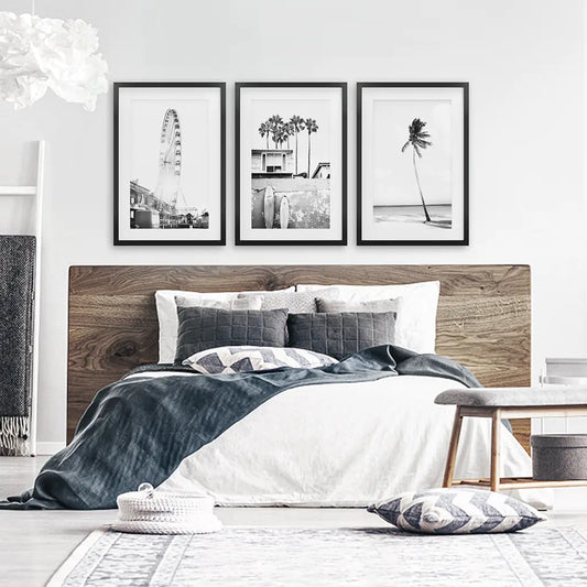 Black White Coastal Wall Art Set of 3. Ferris Wheel, Palm